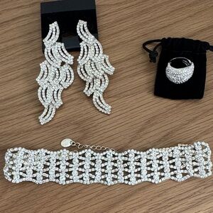 Crystal Statement Bracelet, Earrings & Ring Set - Silver Rhinestone Jewelry